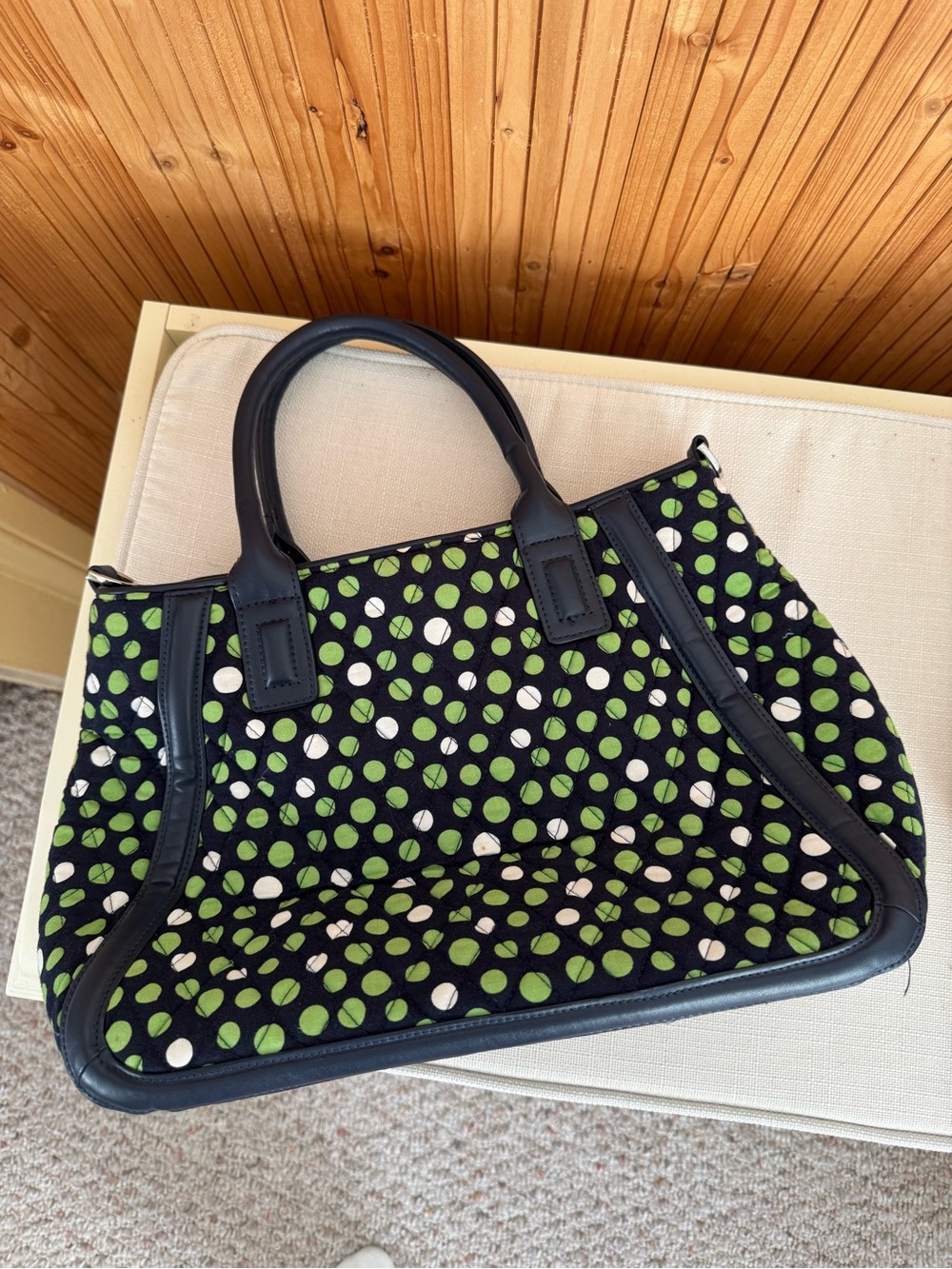 Vera Bradley Navy Tote with Green and White Polka Dots - Picture 4 of 5